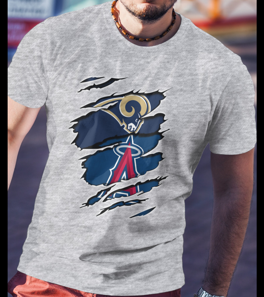 Rams Angels Rams Angles Logo Mashup On Ripped Blue Background T-Shirt
