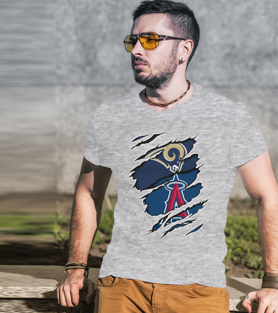Rams Angels Rams Angles Logo Mashup On Ripped Blue Background T-Shirt