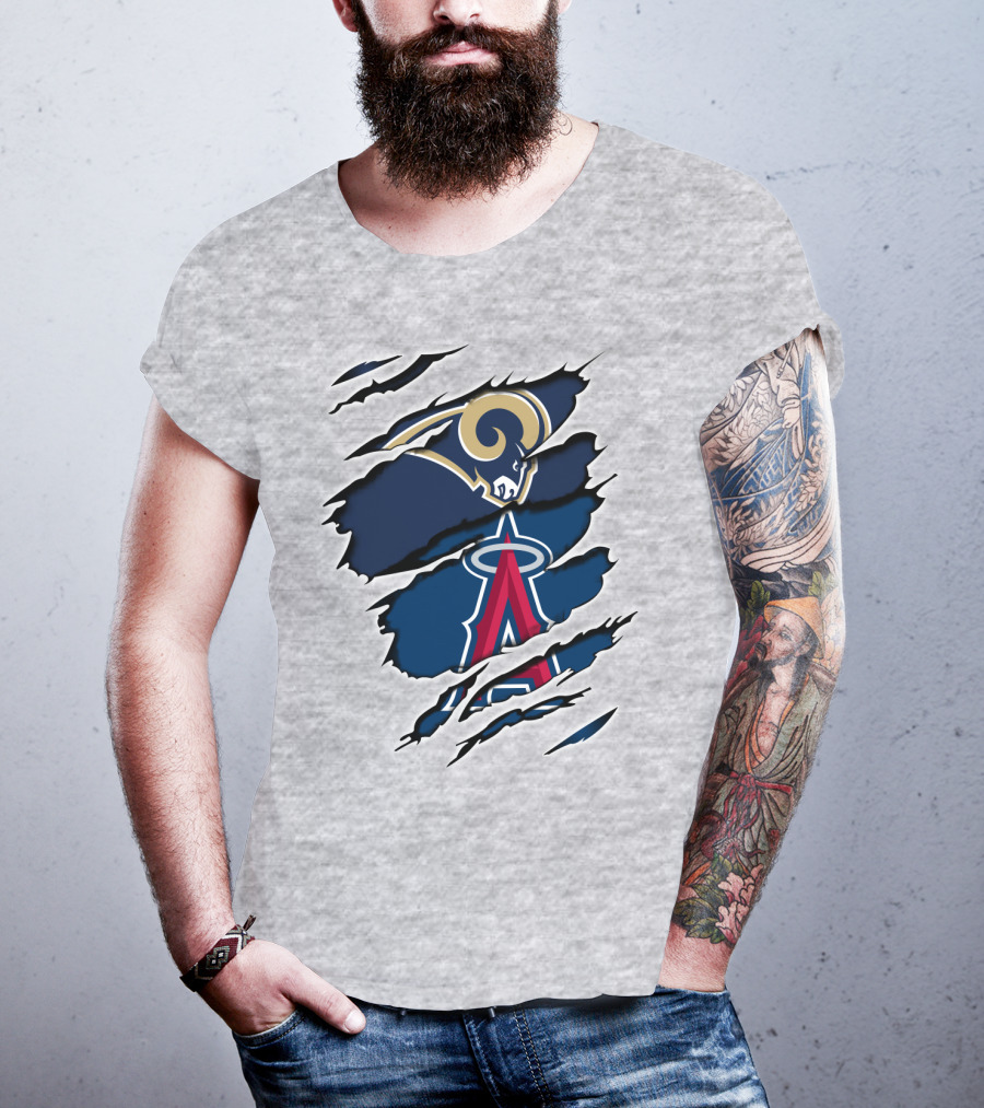 Rams Angels Rams Angles Logo Mashup On Ripped Blue Background T-Shirt