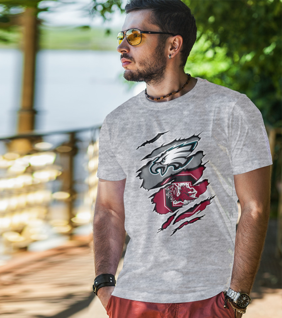 Eagles Gamecocks Logo Clash On Ripped Grey Background T-Shirt