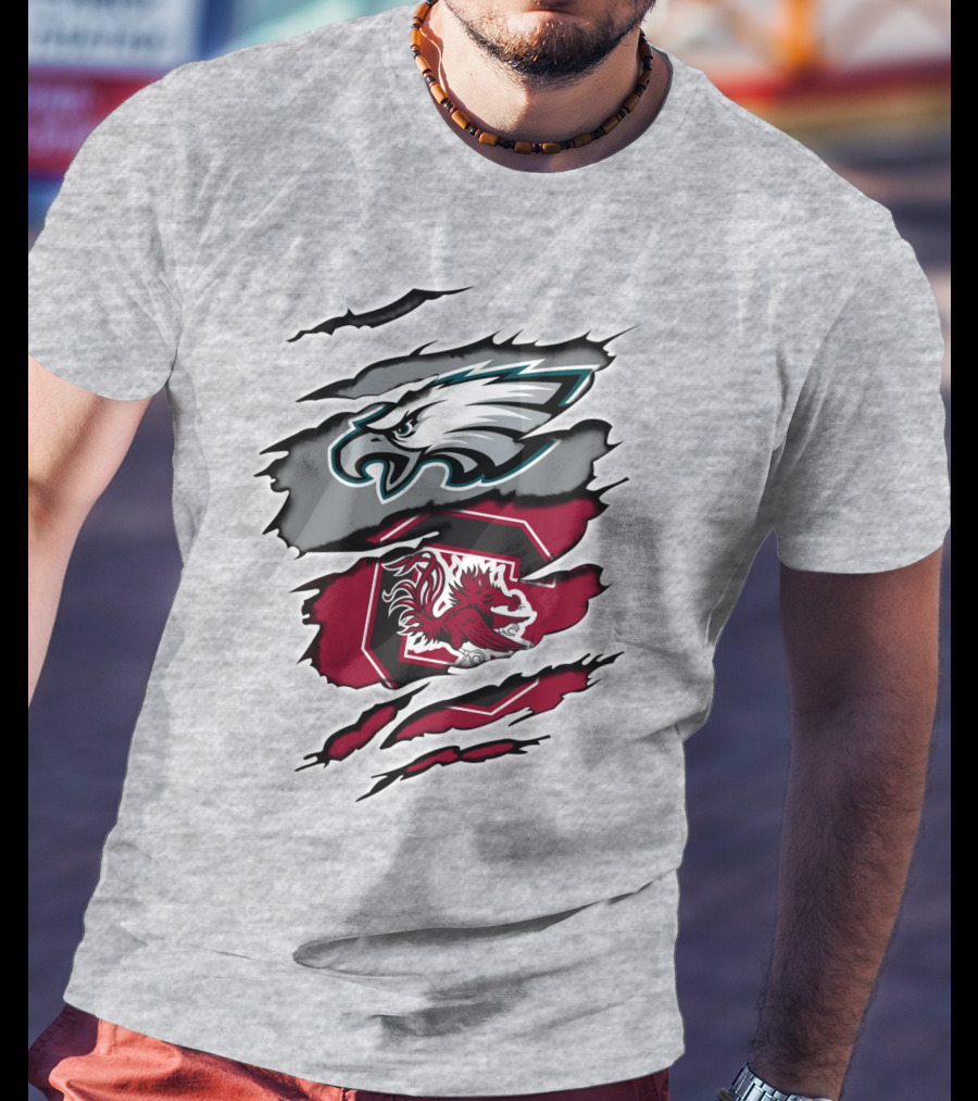 Eagles Gamecocks Logo Clash On Ripped Grey Background T-Shirt