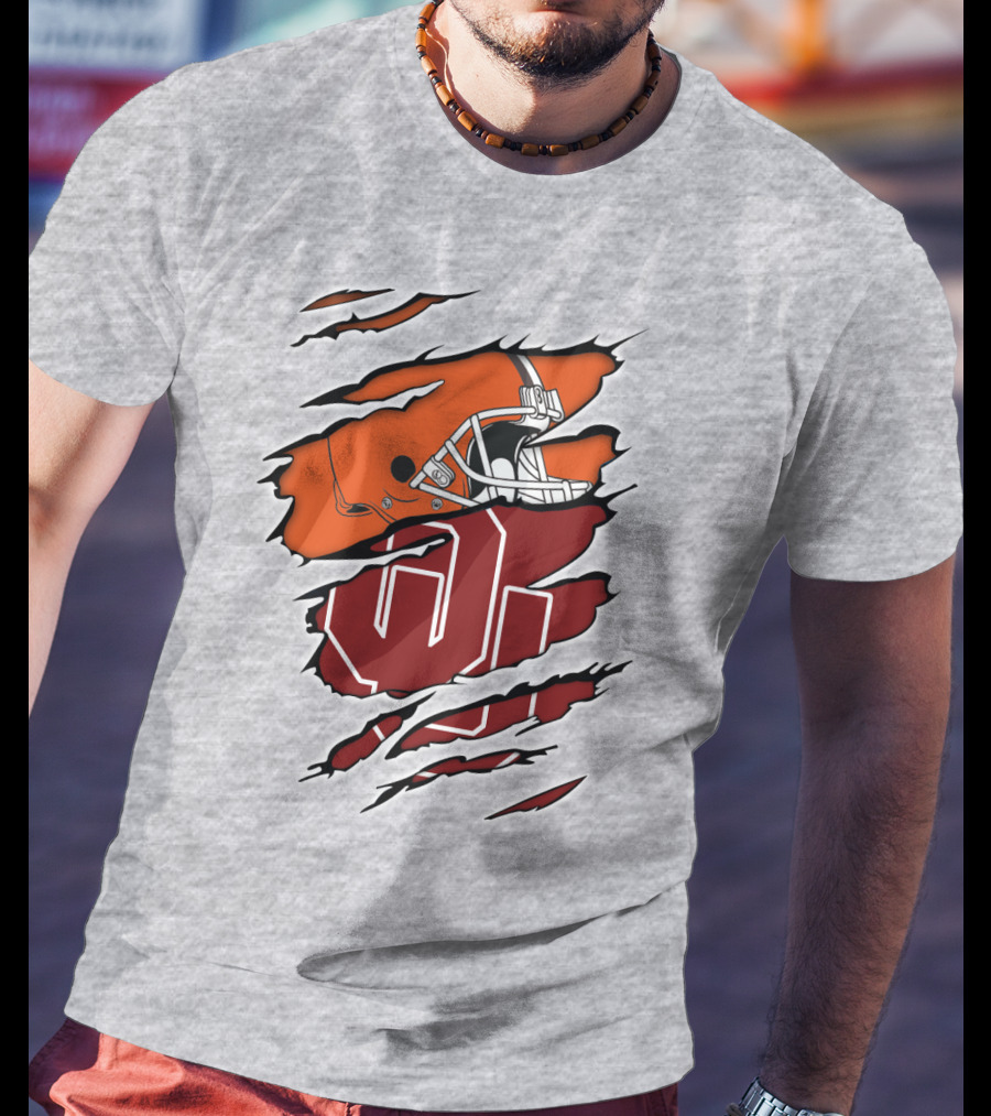 Browns Football Helmet With University Of Oklahoma T-Shirt