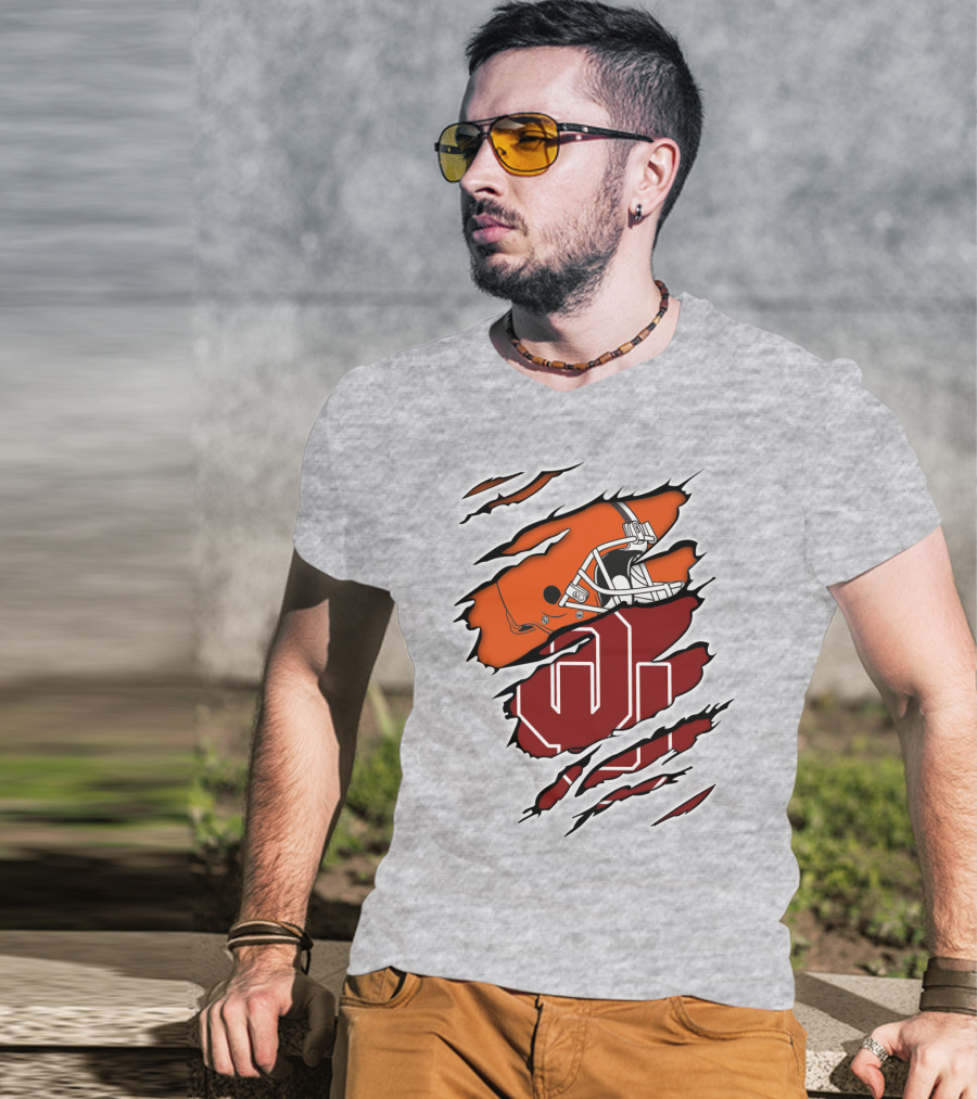 Browns Football Helmet With University Of Oklahoma T-Shirt