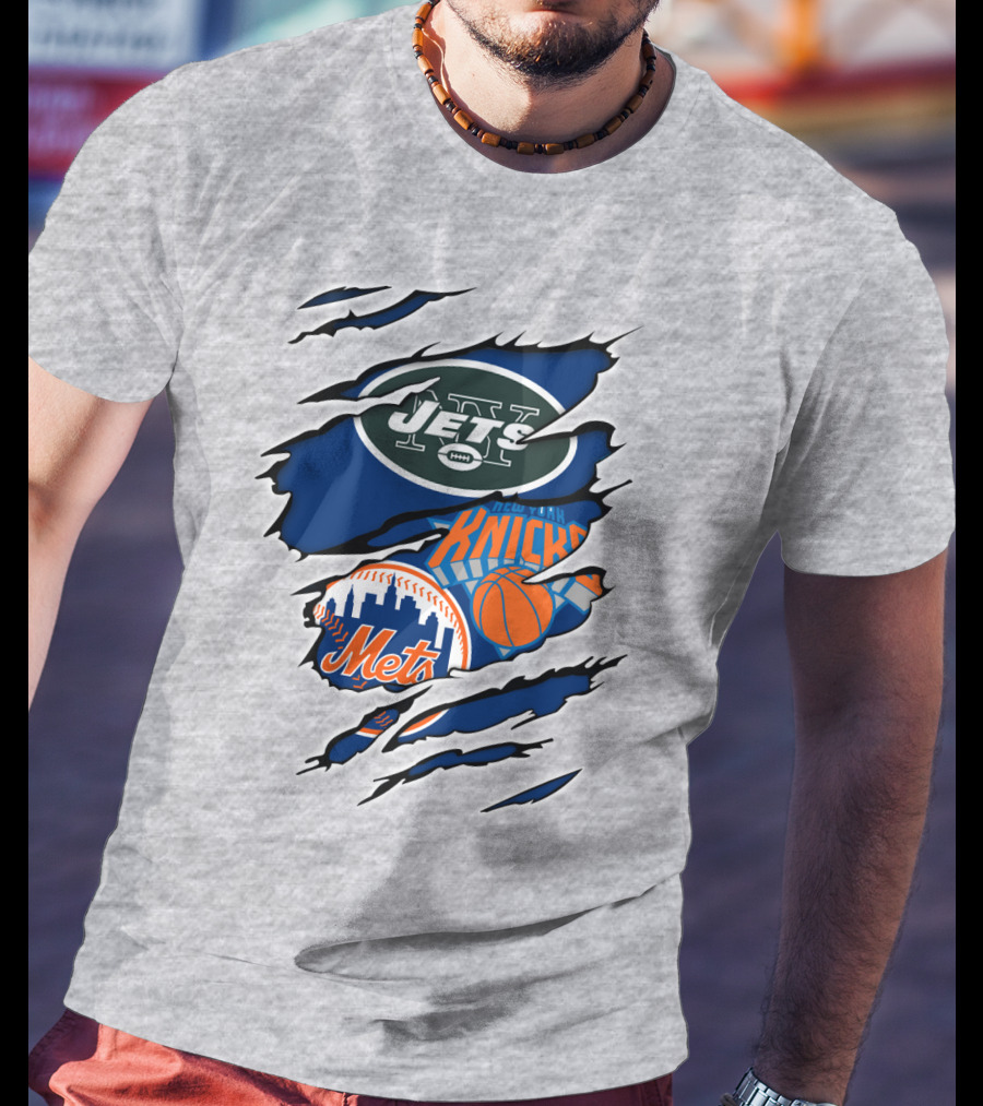 New York Jets Mets Knicks Logo Fusion NFL MLB NBA Team Pride T-Shirt