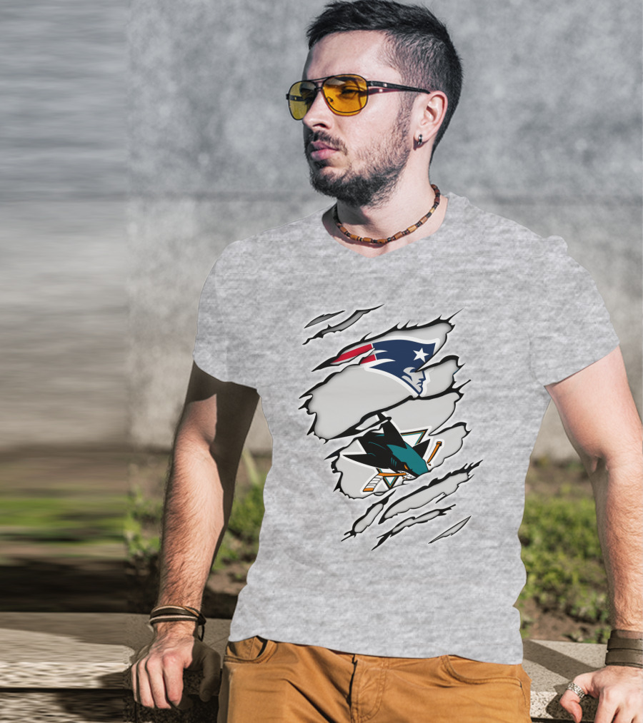 New England Patriots San Jose Sharks Ripped Tear T-Shirt
