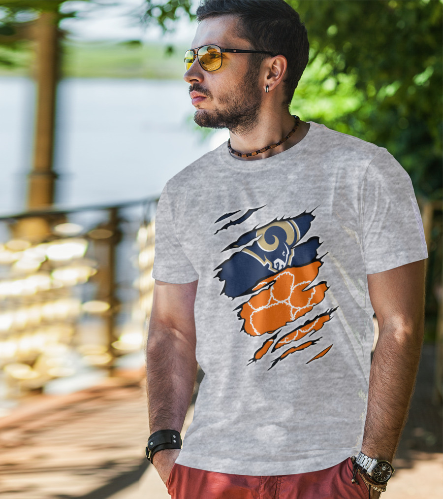 Clemson Tiger Paw With Rams Horns Logo Combo T-Shirt
