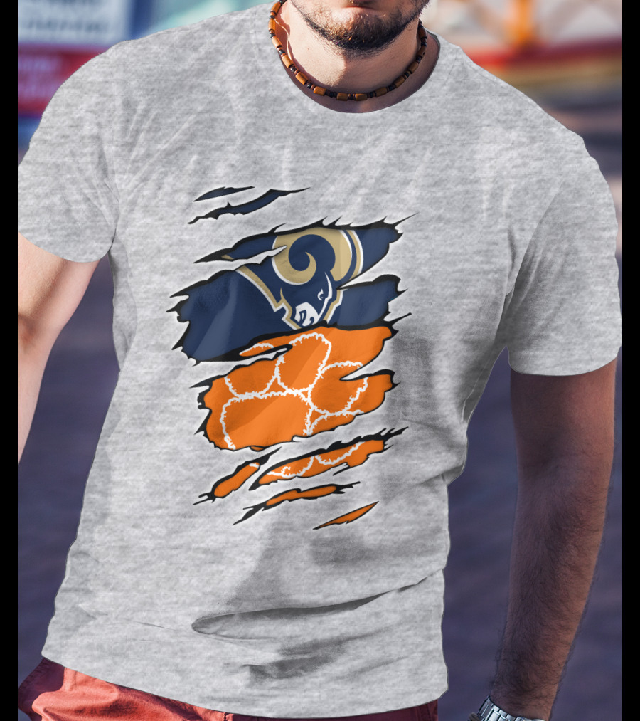 Clemson Tiger Paw With Rams Horns Logo Combo T-Shirt