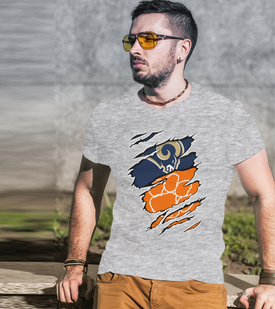 Clemson Tiger Paw With Rams Horns Logo Combo T-Shirt