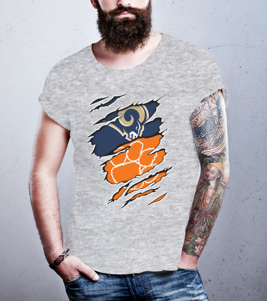 Clemson Tiger Paw With Rams Horns Logo Combo T-Shirt