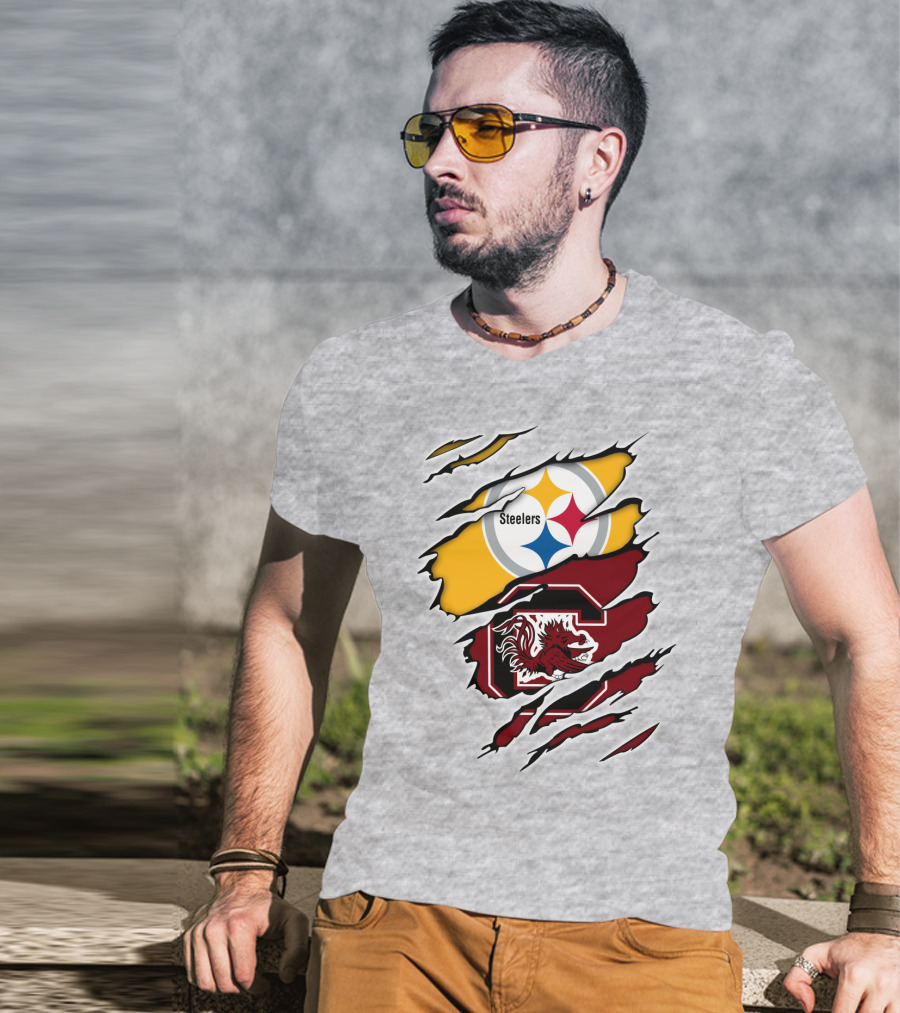 Steelers Gamecocks Logo Mashup With Scratch Marks T-Shirt