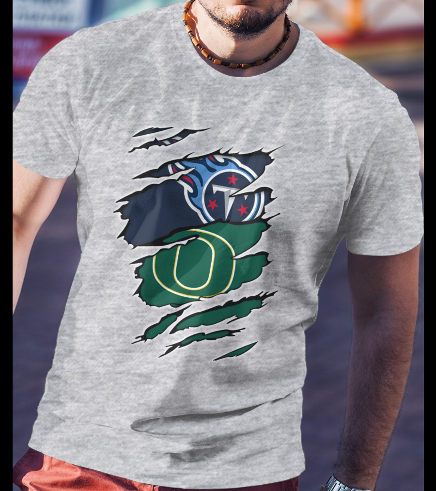 Tennessee Titans And Oregon Ducks Ripped Logo Claw Marks T-Shirt