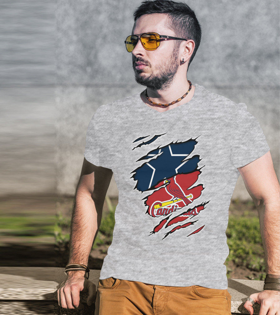 Cowboys Cardinals Star And Bird Logos On Torn Background T-Shirt