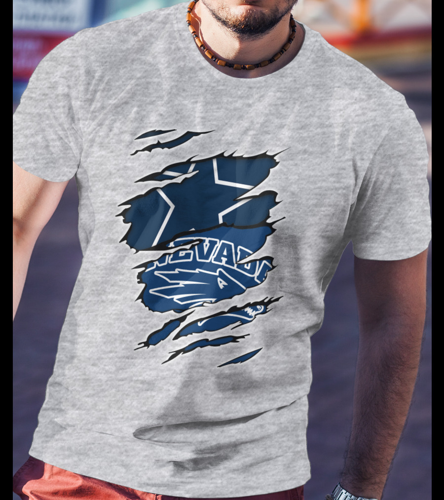 Nevada Cowboys Torn Star Logo And Wolf Elements T-Shirt