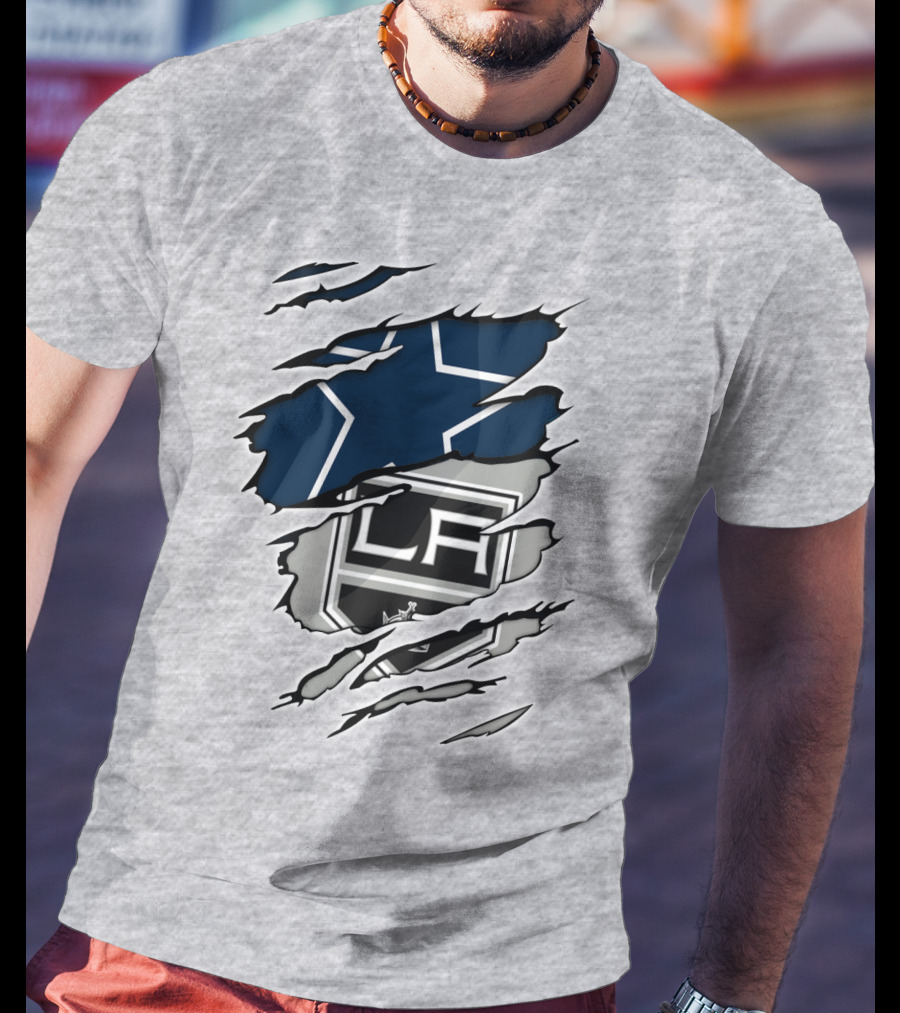 Cowboys Kings LA Logos Behind Torned Blue Star T-Shirt