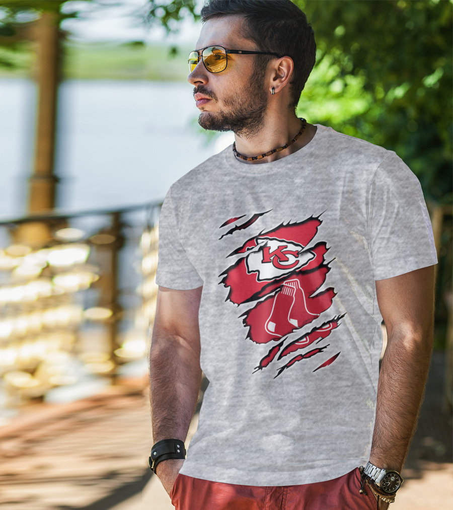 Chiefs Redsox KC Logo And Sox Emblem Torn T-Shirt