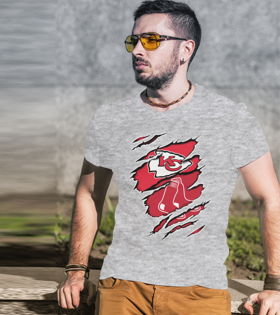 Chiefs Redsox KC Logo And Sox Emblem Torn T-Shirt