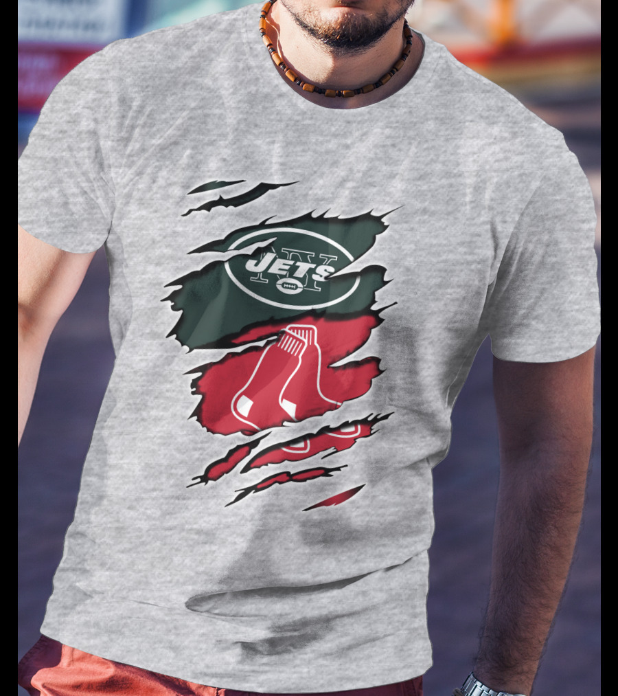 Jets Redsox Torn Logos Green Football Red Socks T-Shirt