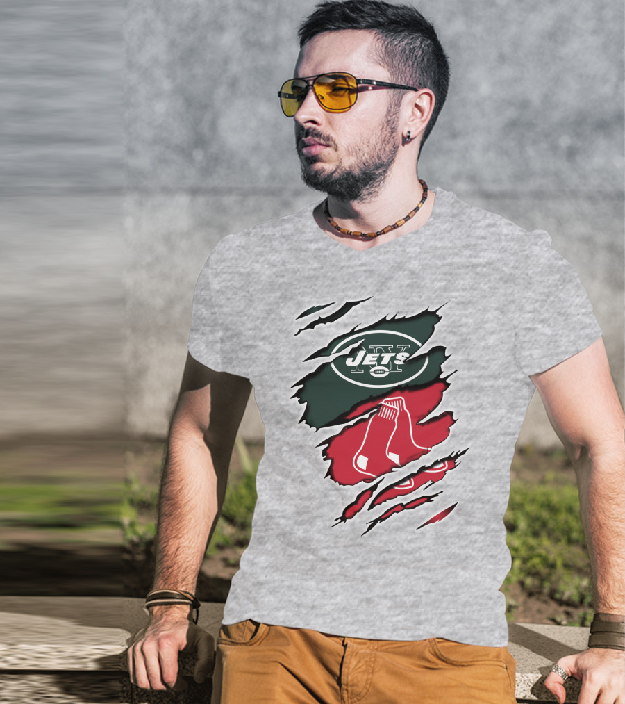 Jets Redsox Torn Logos Green Football Red Socks T-Shirt