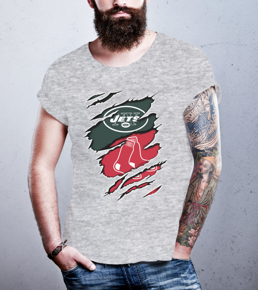 Jets Redsox Torn Logos Green Football Red Socks T-Shirt