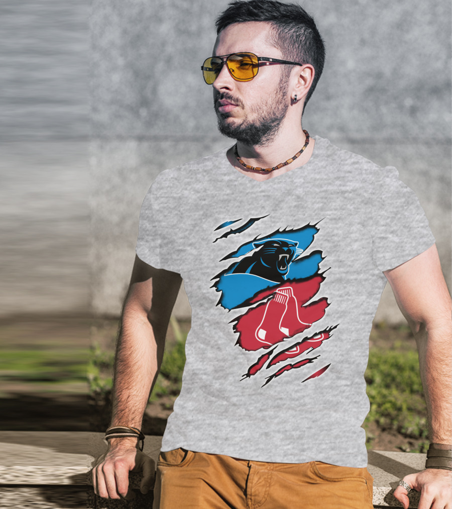 Panthers Red Sox Rip Design Blue Red T-Shirt