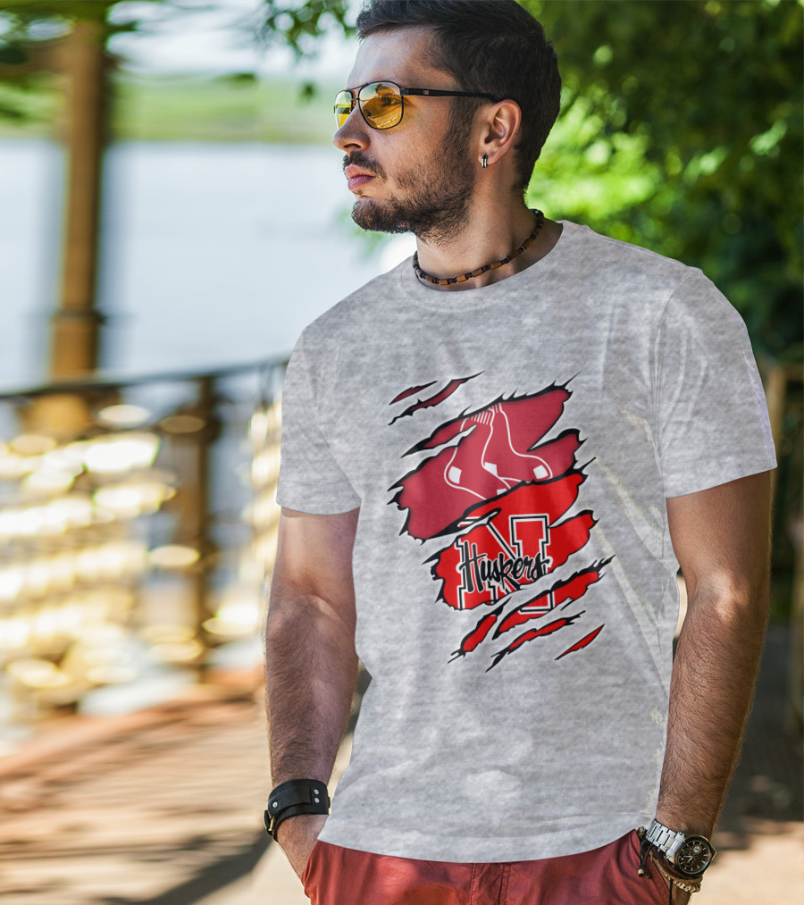 Huskers Red Sox Logo Mashup Nebraska N T-Shirt