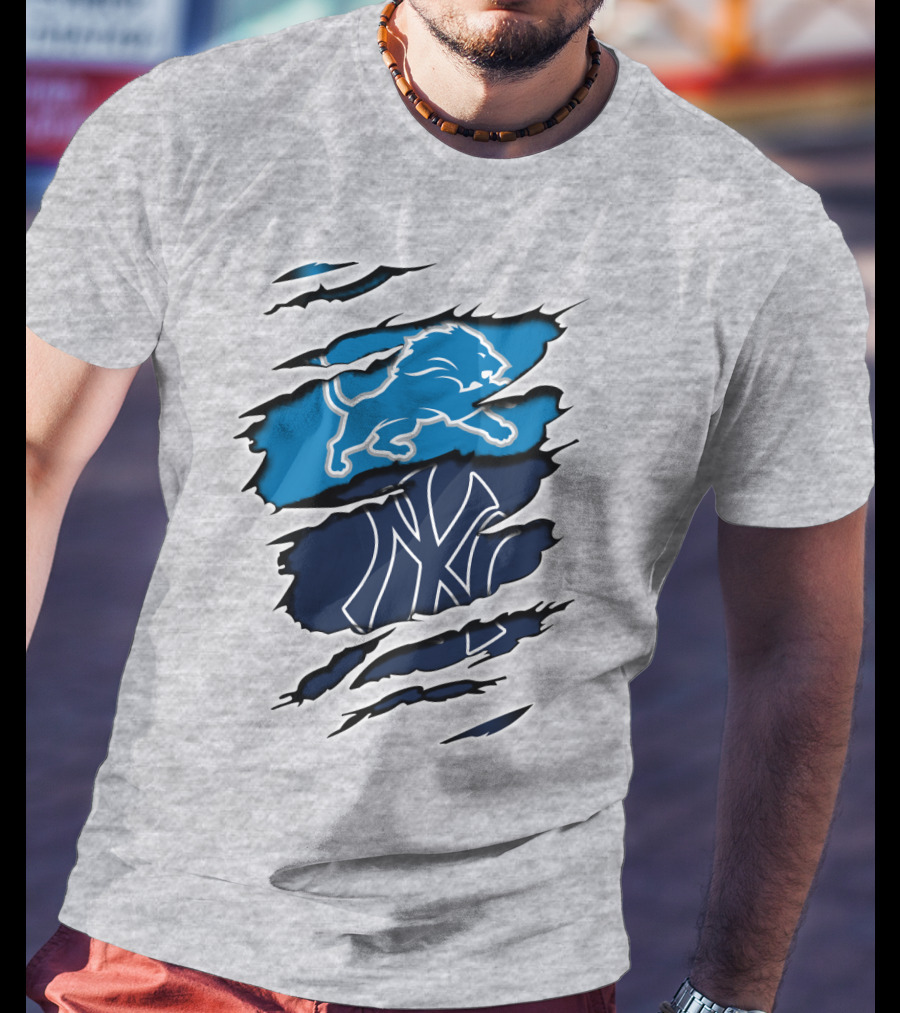 Detroit Lions And New York Yankees Ripped Claw T-Shirt