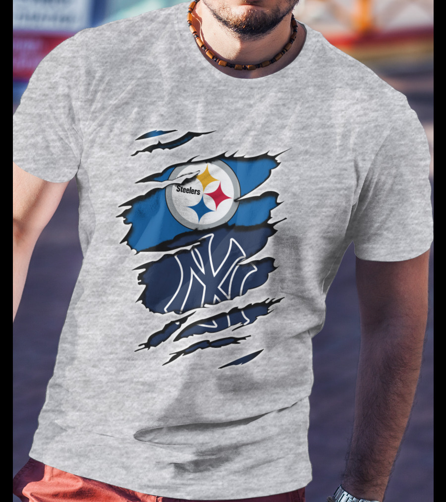 Steelers Yankees Logo Fusion Ripped Effect T-Shirt
