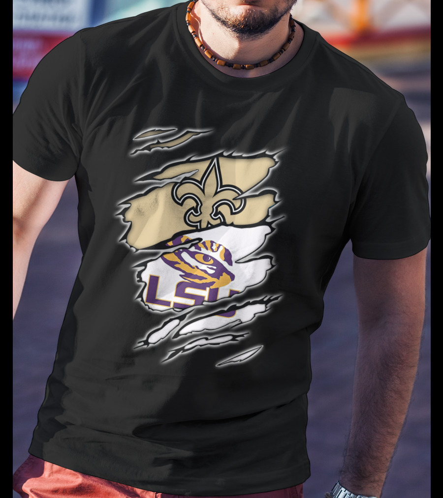 Saints Fleur-de-Lis And LSU Tigers Eye Logo Integration T-Shirt