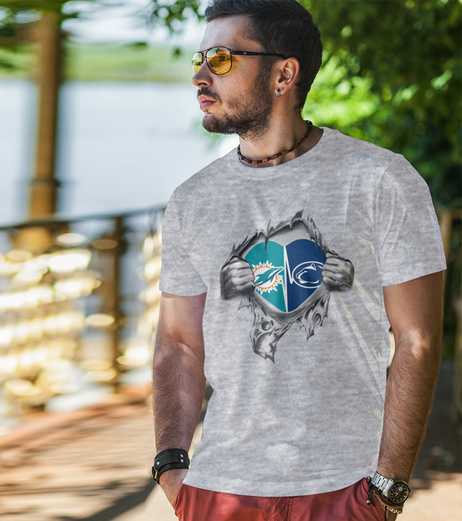Dolphins Penn State Heart Torn Open T-Shirt