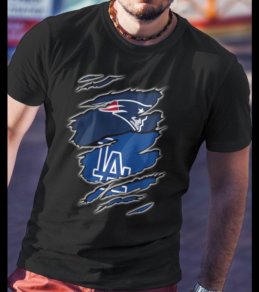 Patriots And LA Dodgers Logos In Torn Fabric T-Shirt