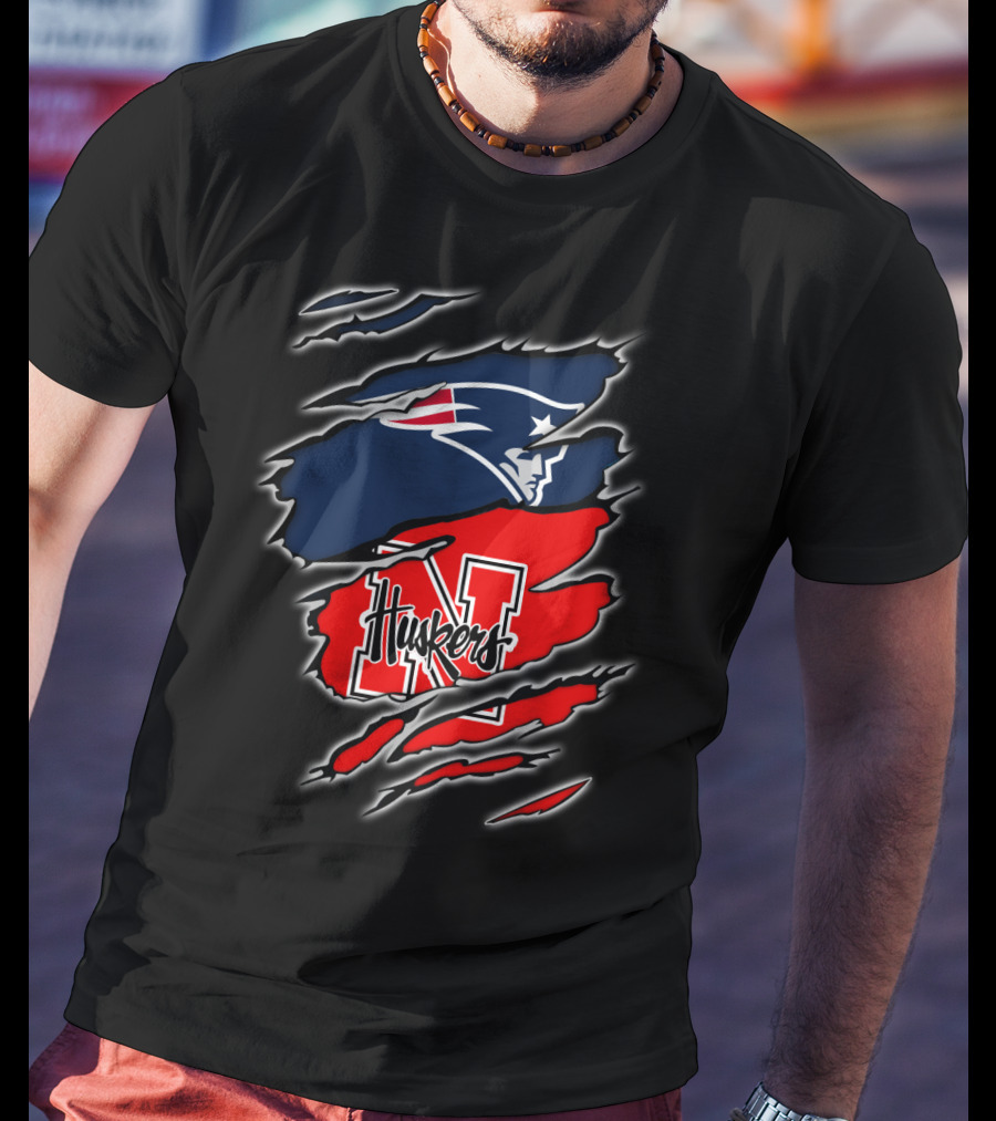 Patriots Logo With Huskers Nebraska N And Huskers Text In Torn T-Shirt