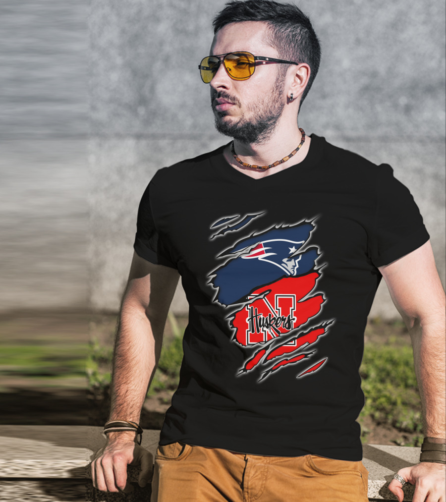 Patriots Logo With Huskers Nebraska N And Huskers Text In Torn T-Shirt