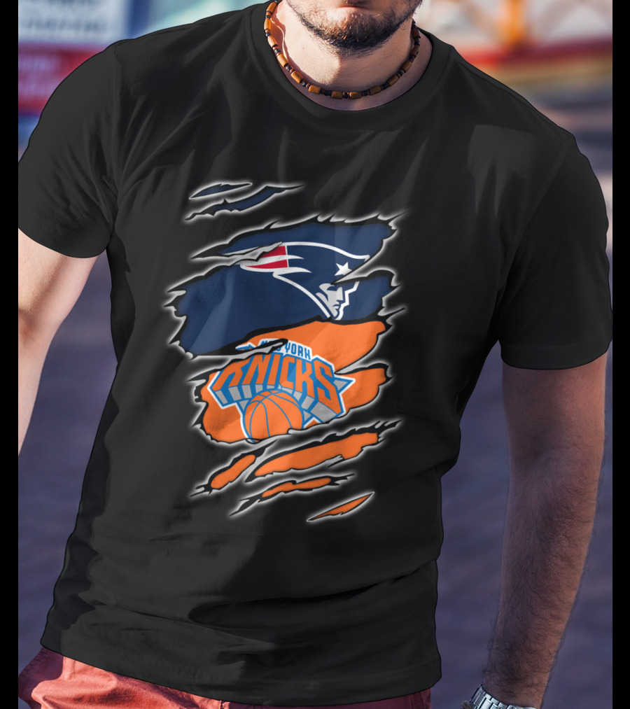 Patriots Emblem Overlaid With New York Knicks Basketball Motif T-Shirt