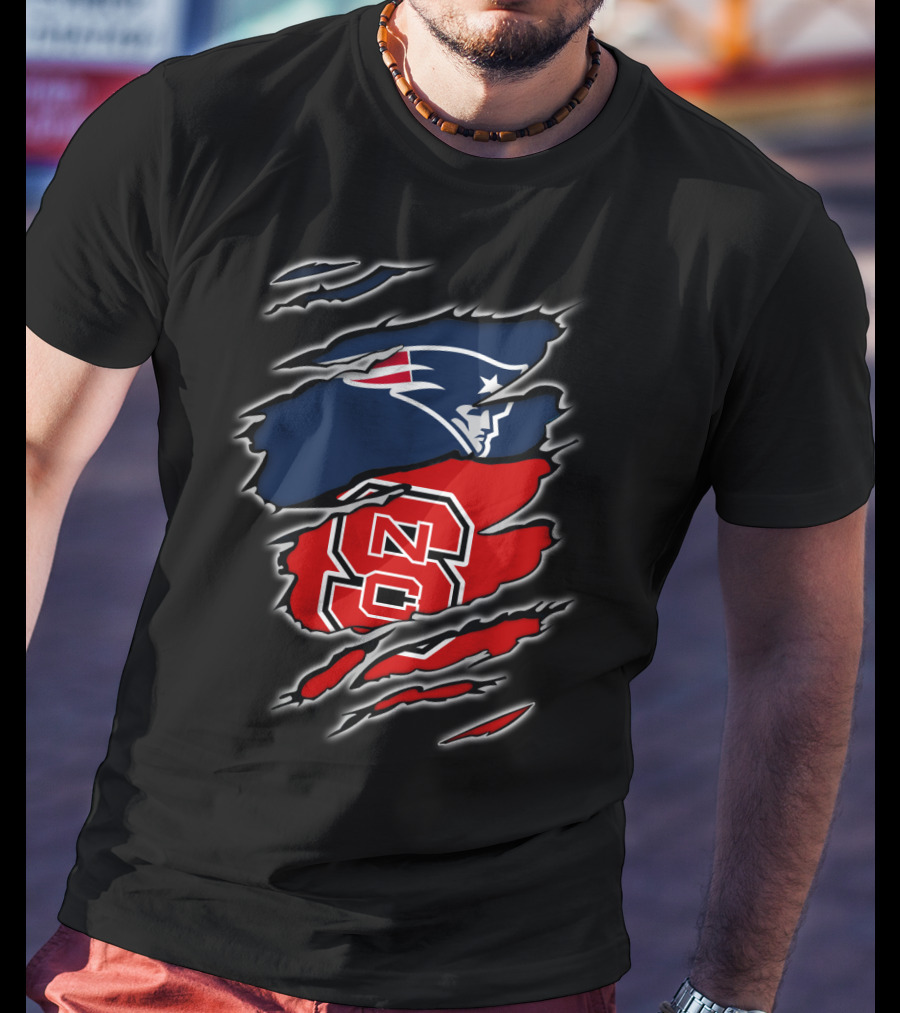 Ripped Design Featuring Patriots Logo And NC State Wolfpack T-Shirt