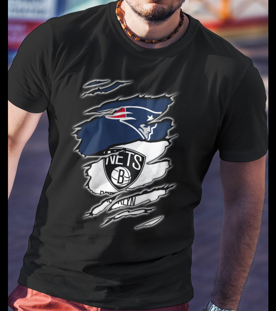 New England Patriots And Brooklyn Nets Ripped T-Shirt