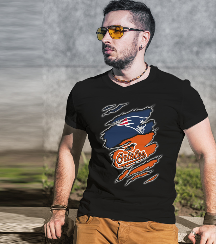 New England Patriots Baltimore Orioles Torn Ripped Claw Marks T-Shirt