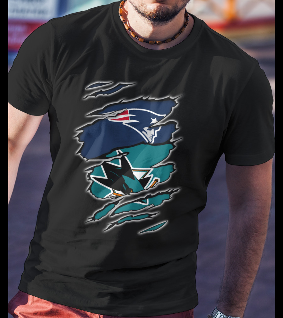 Patriots And Sharks Logos Inside Claw Marks T-Shirt