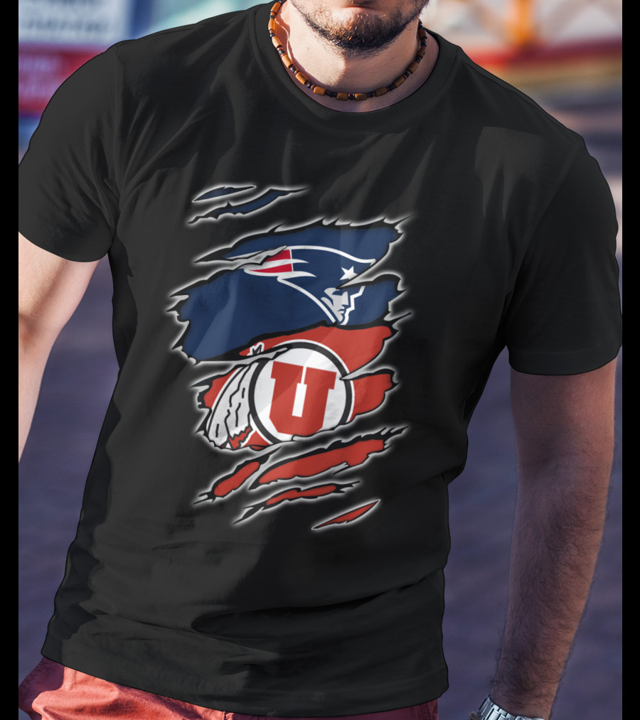 New England Patriots And Utah Utes Torn Ripped Combo T-Shirt