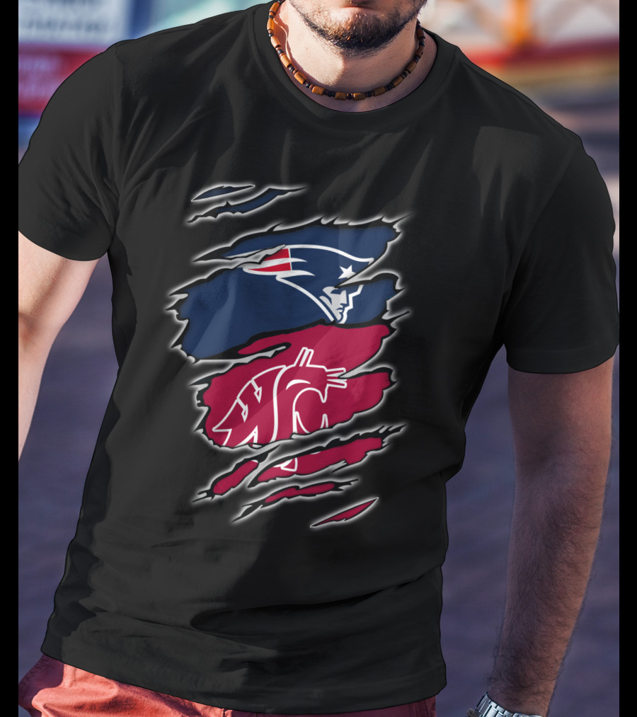 Patriots New England And Washington State Cougars Logos Torn T-Shirt