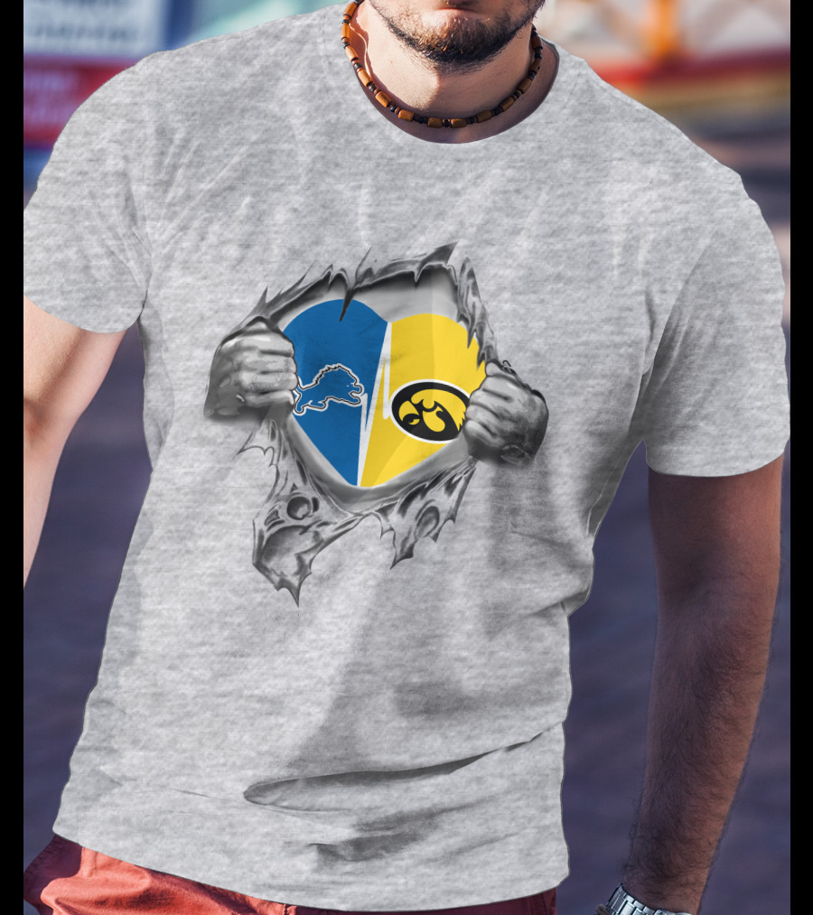 Detroit Lions Iowa Hawkeyes Heart Torn Ripped Reveal T-Shirt