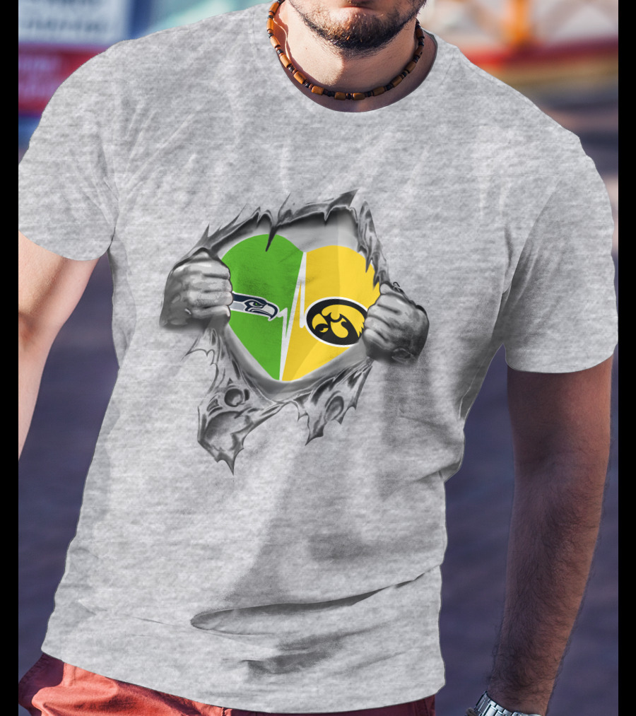 Hawkeyes Seahawks Heart Split Torn Grey Background T-Shirt