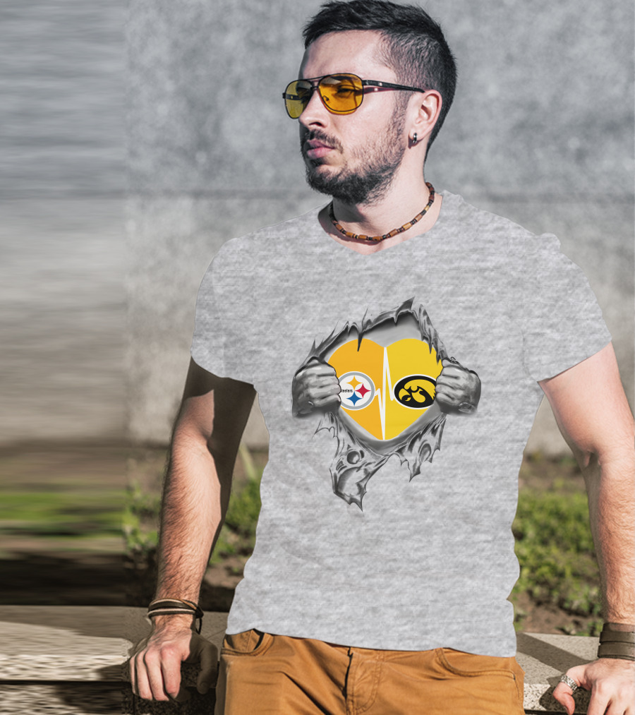 Steelers Hawkeyes Heartbeat Peeling Hands Football Fan T-Shirt