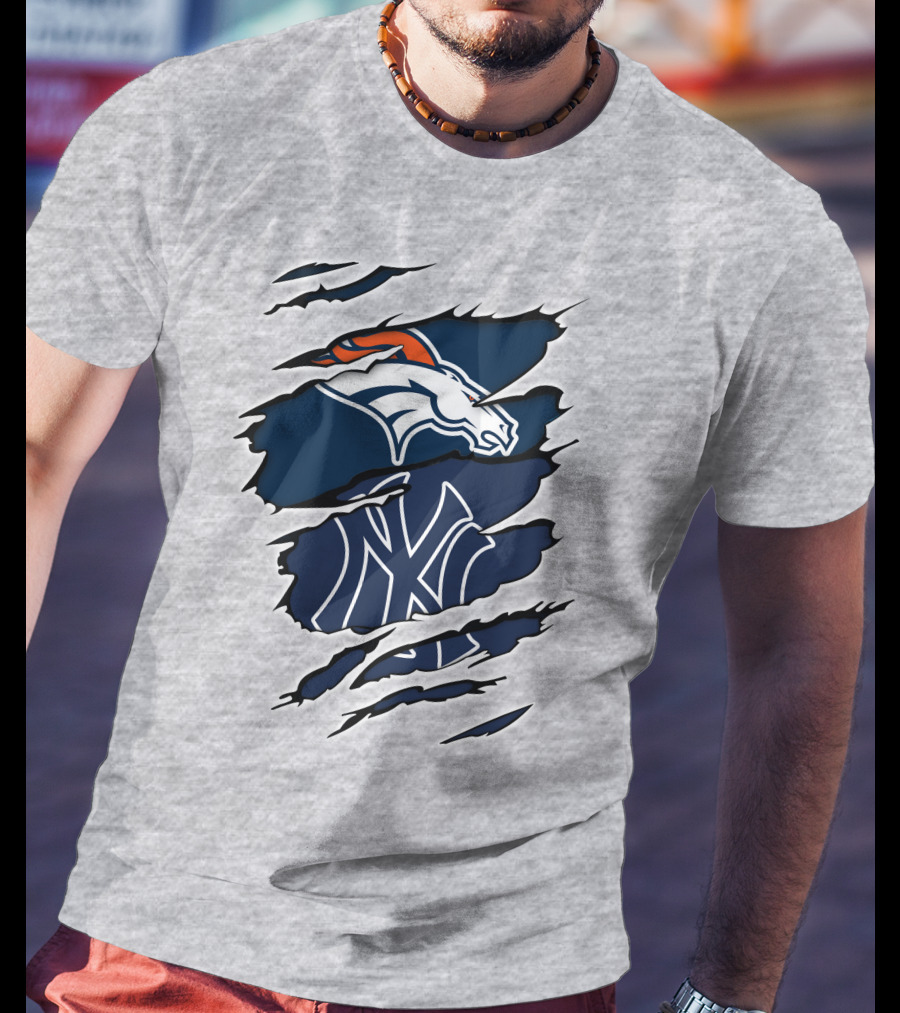 Broncos Yankees Distressed Dual Team Logo Fusion T-Shirt