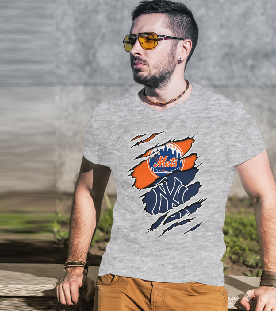 Mets Yankees Logo Tear Skyline Baseball Rivalry T-Shirt