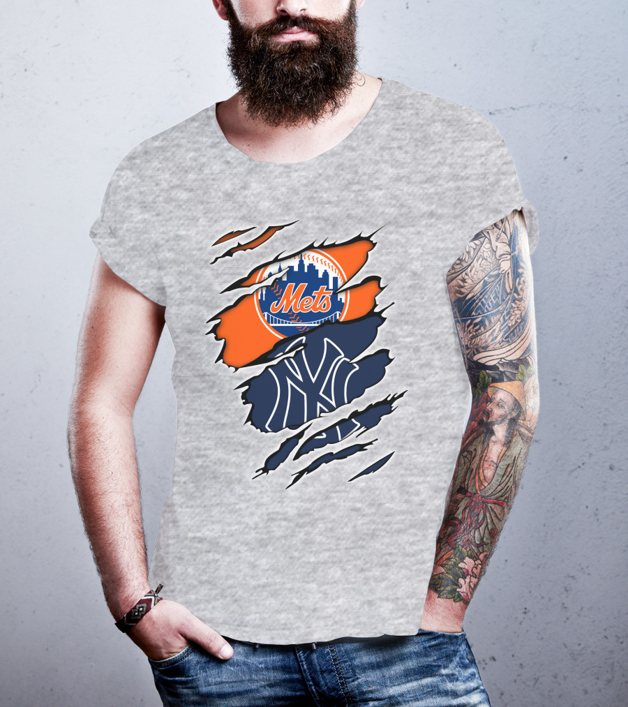 Mets Yankees Logo Tear Skyline Baseball Rivalry T-Shirt