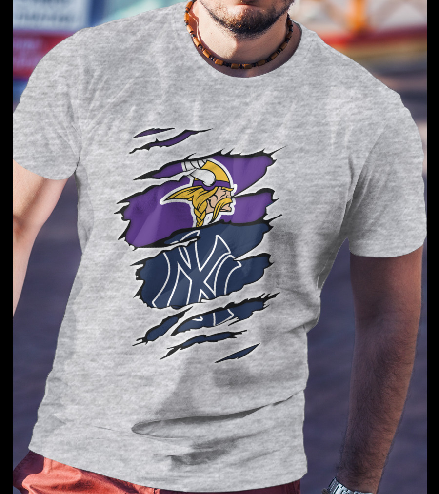 Vikings Yankees Logo Mashup Ripped Effect T-Shirt