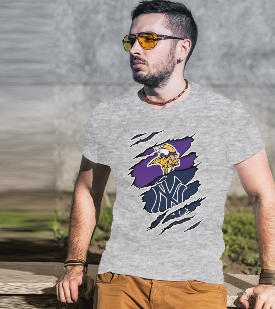 Vikings Yankees Logo Mashup Ripped Effect T-Shirt