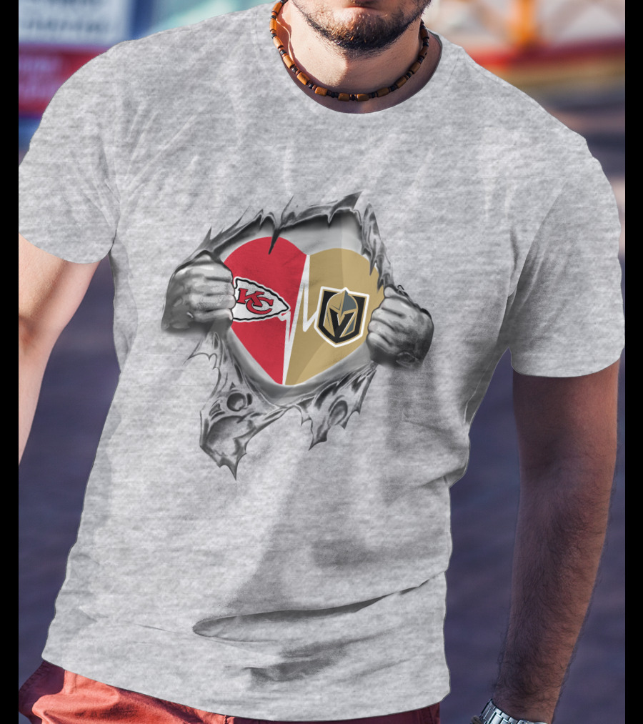Golden Knights And Chiefs Heartbeat Logo Inside Torn Fabric T-Shirt