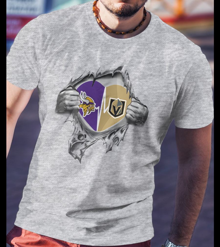 Golden Knights And Vikings Heartbeat Symbol With Torn T-Shirt