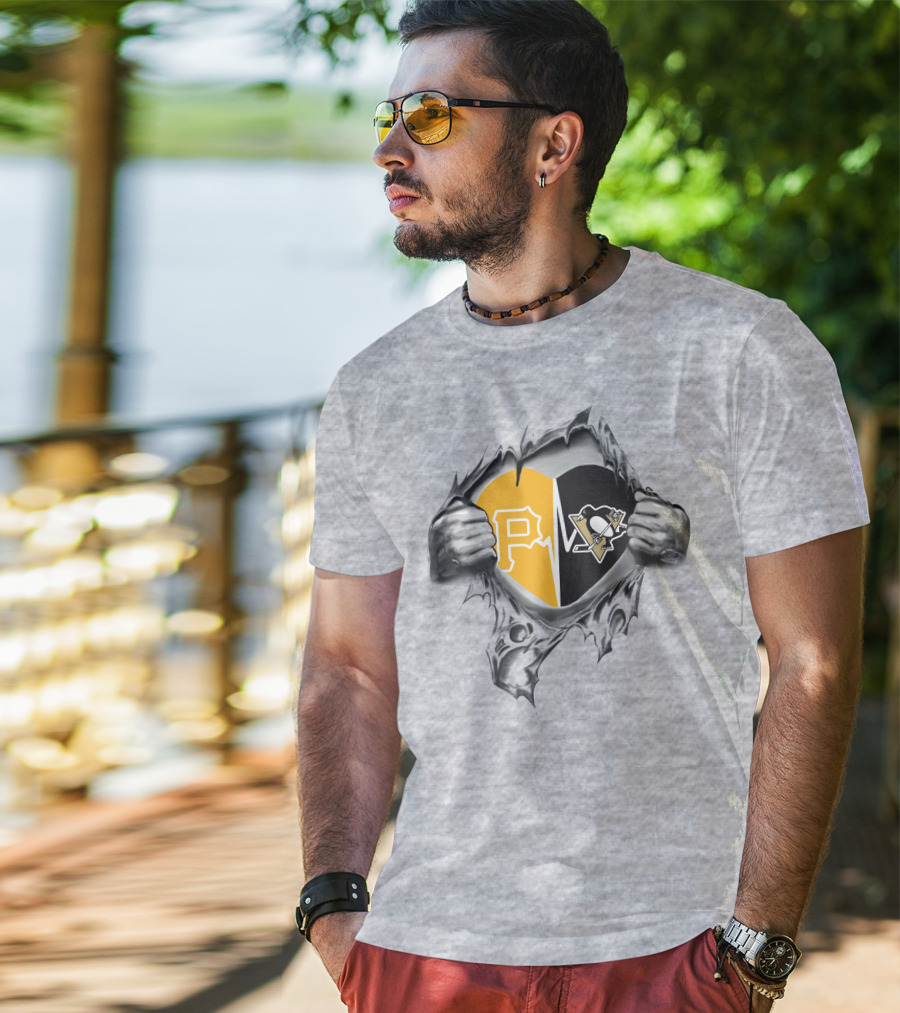 Pirates Penguins Heart With Team Logos Hidden Behind Torn Fabric T-Shirt